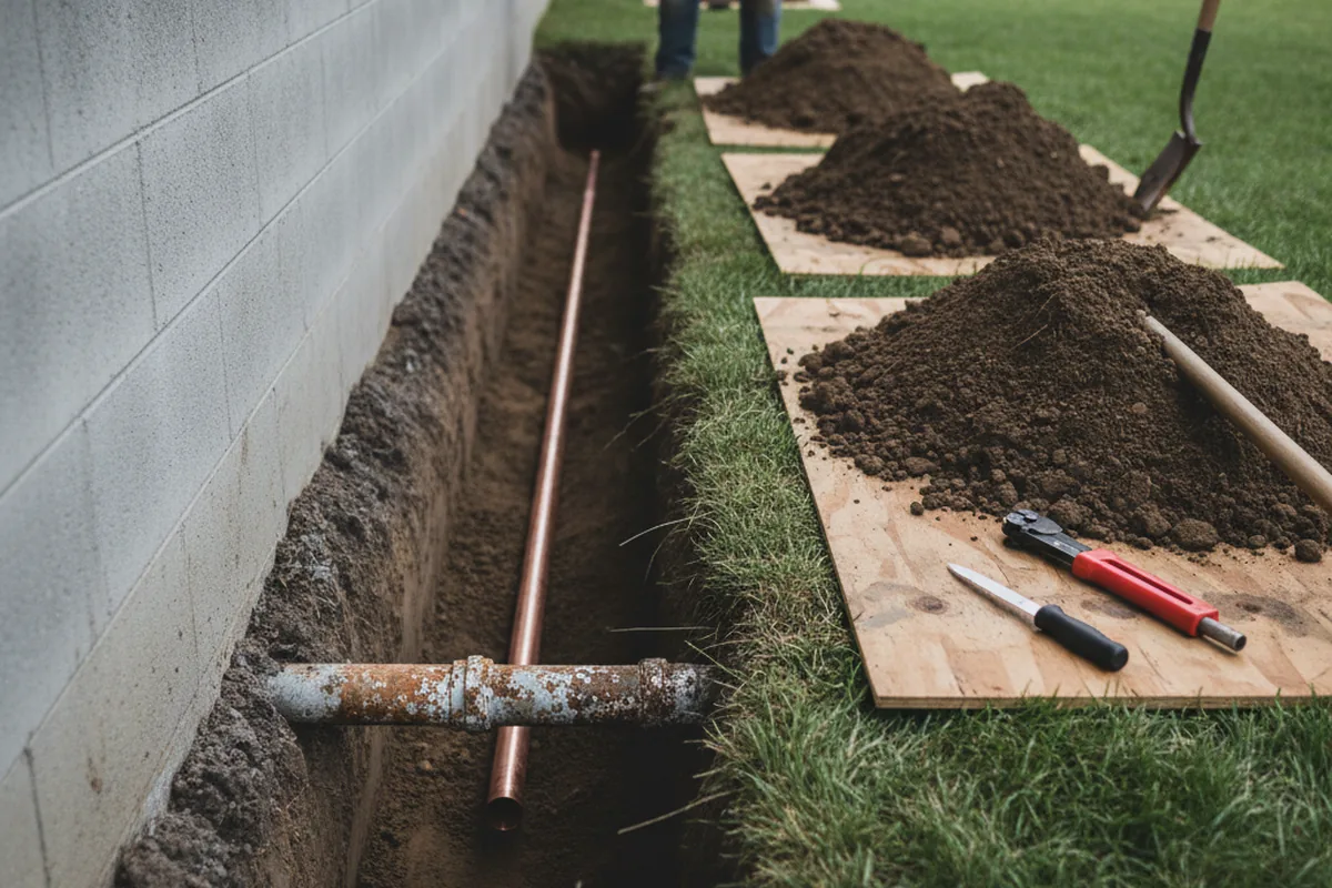 Excavated water line trench during Sewer Line Repair in Gaithersburg